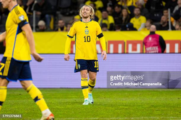 Sweden's Emil Forsberg dejected during the UEFA EURO 2024 European qualifier match between Sweden and Estonia at Friends Arena on November 19, 2023...