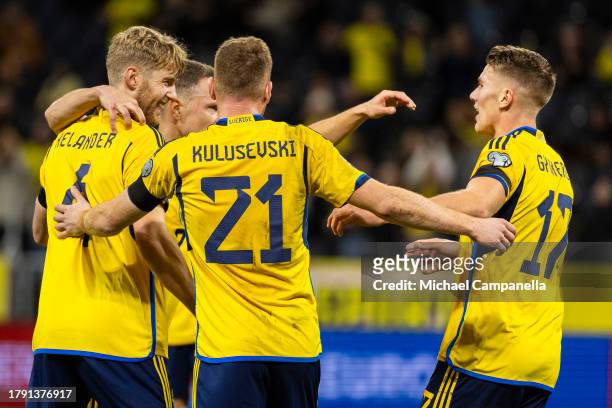 Sweden players celebrate after scoring the 1-0 goal during the UEFA EURO 2024 European qualifier match between Sweden and Estonia at Friends Arena on...