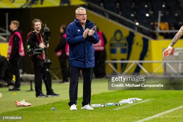 Sweden head coach Jan Andersson during the UEFA EURO 2024 European qualifier match between Sweden and Estonia at Friends Arena on November 19, 2023...