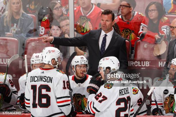 Head coach Luke Richardson of the Chicago Blackhawks directs the players during third period action against the Florida Panthers at the Amerant Bank...