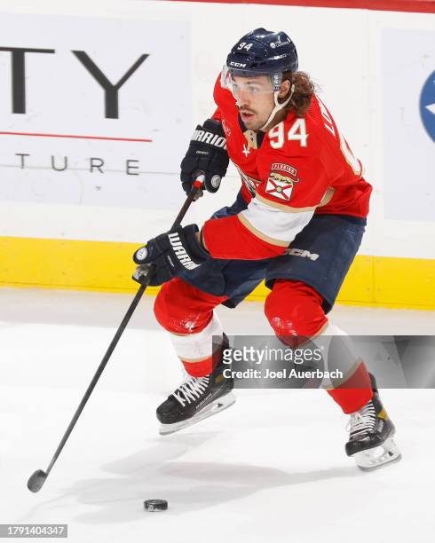 Ryan Lomberg of the Florida Panthers skates with the puck against the Chicago Blackhawks at the Amerant Bank Arena on November 12, 2023 in Sunrise,...