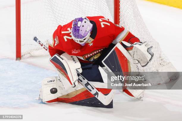 Goaltender Sergei Bobrovsky of the Florida Panthers defends the net against the Chicago Blackhawks at the Amerant Bank Arena on November 12, 2023 in...