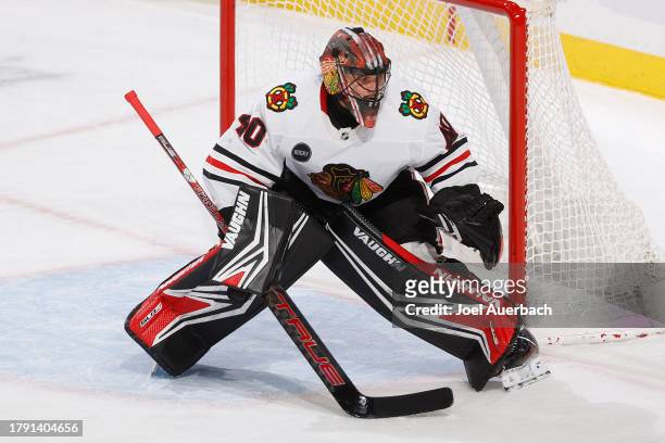 Goaltender Arvid Soderblom of the Chicago Blackhawks defends the net against the Florida Panthers at the Amerant Bank Arena on November 12, 2023 in...