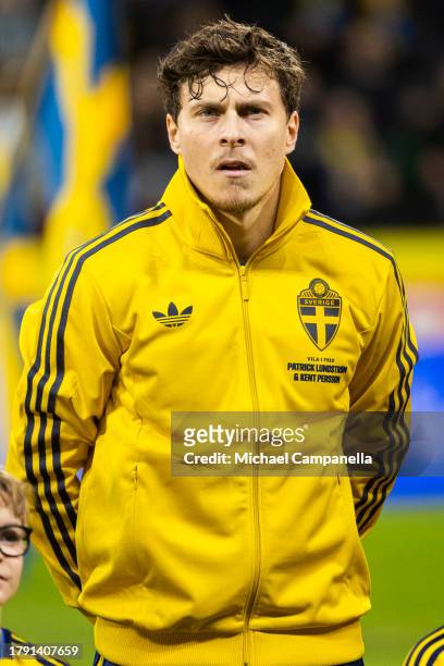 Victor Lindelof of Sweden looks on during the UEFA EURO 2024 European qualifier match between Sweden and Estonia at Friends Arena on November 19,...