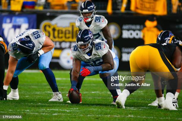 Aaron Brewer of the Tennessee Titans in action against the Pittsburgh Steelers on November 2, 2023 at Acrisure Stadium in Pittsburgh, Pennsylvania.