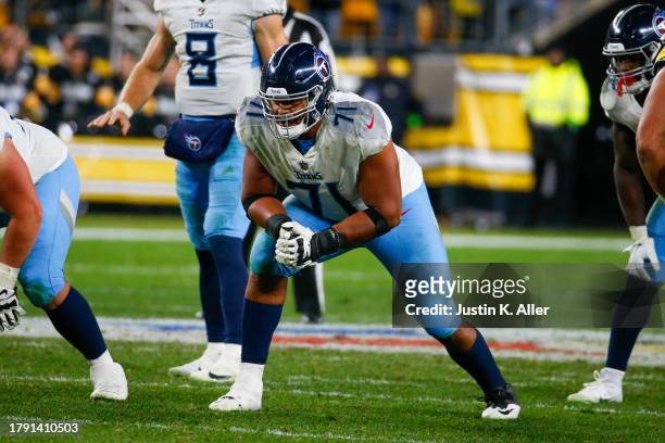 Andre Dillard of the Tennessee Titans in action against the Pittsburgh Steelers on November 2, 2023 at Acrisure Stadium in Pittsburgh, Pennsylvania.
