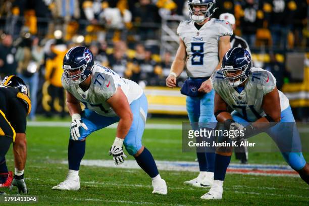 Peter Skoronski and Andre Dillard of the Tennessee Titans] in action against the Pittsburgh Steelers on November 2, 2023 at Acrisure Stadium in...