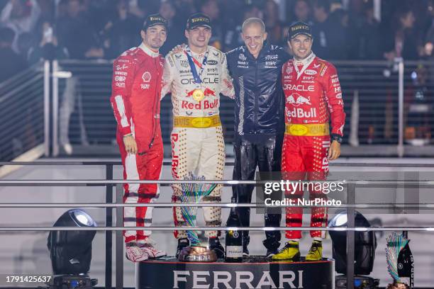 1st Max Verstappen of Netherland and Oracle Red Bull Racing driver, 2nd Charles Leclerc of Monte-Carlo and Scuderia Ferrari driver and 3rd Sergio...