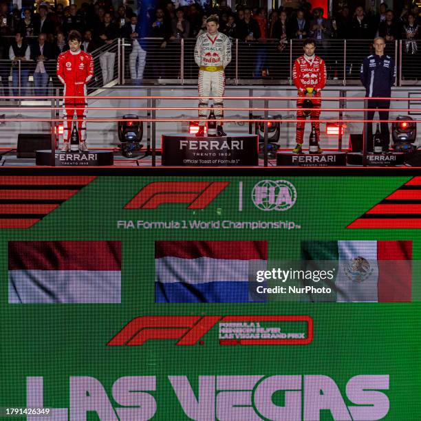 1st Max Verstappen of Netherland and Oracle Red Bull Racing driver, 2nd Charles Leclerc of Monte-Carlo and Scuderia Ferrari driver and 3rd Sergio...