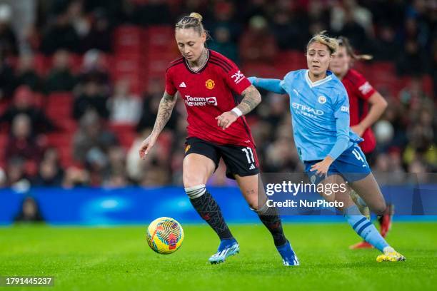 Leah Galton of Manchester United WFC in action during the Barclays FA Women's Super League match between Manchester United and Manchester City at Old...