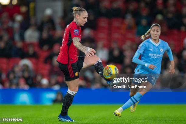 Leah Galton of Manchester United WFC controls the ball during the Barclays FA Women's Super League match between Manchester United and Manchester...