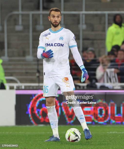 Pau Lopez of Marseille in action during the Ligue 1 Uber Eats match between RC Lens and Olympique de Marseille at Stade Bollaert-Delelis on November...