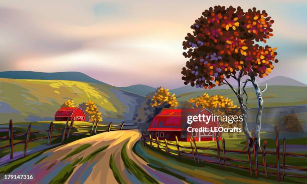 ilustrações, clipart, desenhos animados e ícones de bela paisagem de outono - cerca