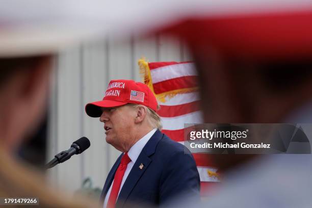 Former President Donald Trump speaks at the South Texas International airport on November 19, 2023 in Edinburg, Texas. Trump took the stage shortly...