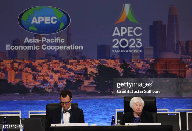 Secretary of the Treasury Janet Yellen delivers opening remarks at the start of the Finance Ministers’ Meeting Plenary at the Asia-Pacific Economic...