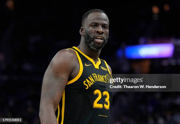 Draymond Green of the Golden State Warriors looks on against the Cleveland Cavaliers during the first half of an NBA basketball game at Chase Center...