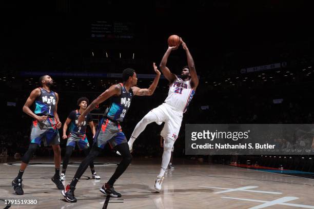 Joel Embiid of the Philadelphia 76ers shoots the ball during the game against the Brooklyn Nets on November 19, 2023 at Barclays Center in Brooklyn,...