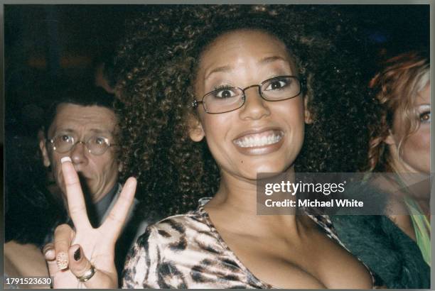 Mel B of the Spice Girls in the 1990s makes the 'V' sign, circa 1995.