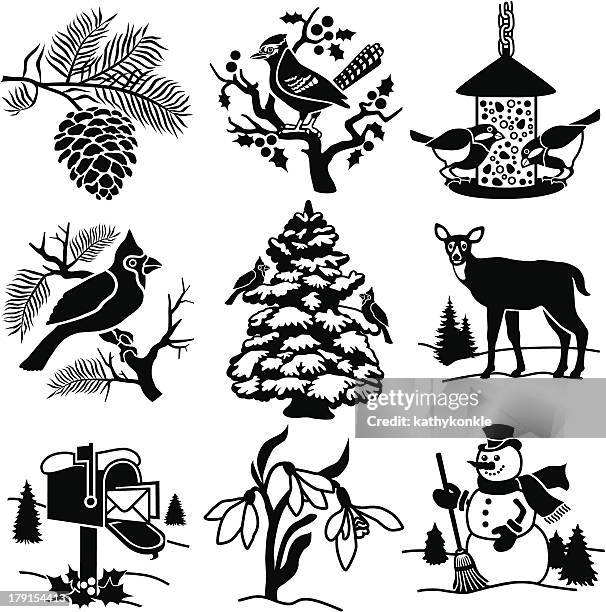 winter yard - bird feeder stock illustrations