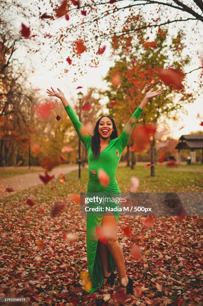 Pretty Black Model Happily Throwing Leaves Around Her on Fall Evening,Frontier Park,United States,USA