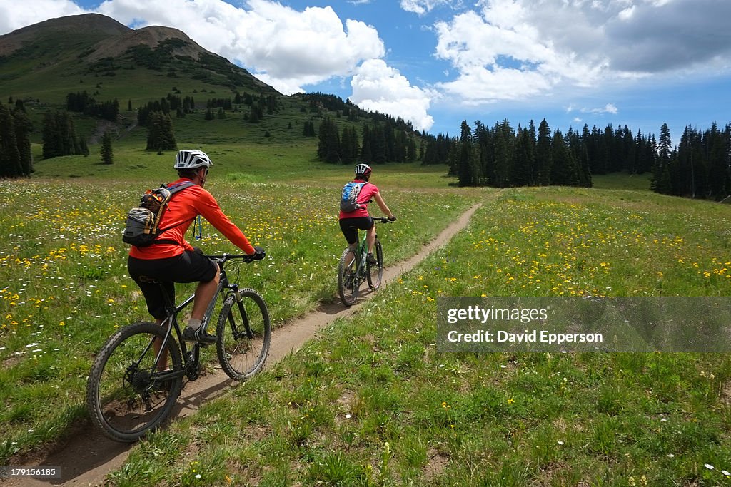 Couple mountain biking in high mountains