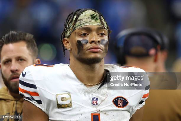 Chicago Bears quarterback Justin Fields is seen during the second half of an NFL football game between the Chicago Bears and the Detroit Lions in...