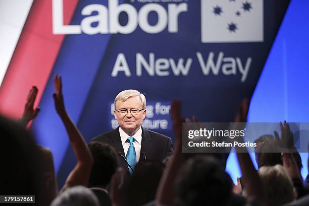 Prime Minister Kevin Rudd speaks during the Labor Party campaign launch at the Brisbane Convention and Exhibition Centre on September 1, 2013 in...