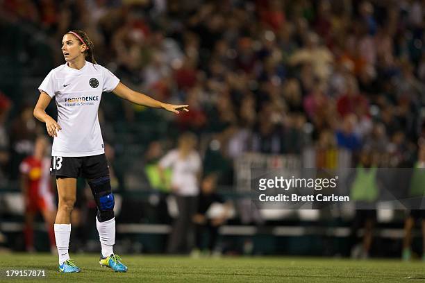 Alex Morgan of Portland Thorns FC enters the game against Western New York Flash during the second period despite a left knee injury in the National...