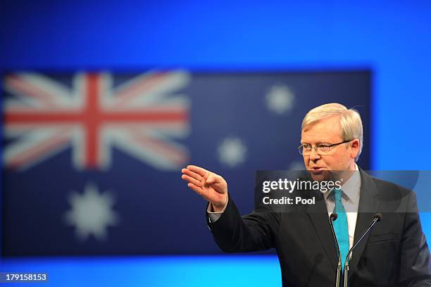 Prime Minister Kevin Rudd speaks during the Labor party campaign launch at the Brisbane Convention and Exhibition Centre on September 1, 2013 in...