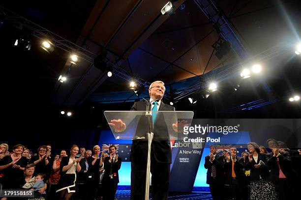 Prime Minister Kevin Rudd speaks during the Labor party campaign launch at the Brisbane Convention and Exhibition Centre on September 1, 2013 in...