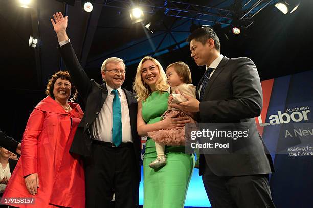 Prime Minister Kevin Rudd, wife Therese Rein, daughter Jessica with Her husband Albert Tse and daughter Josephine smile after the Labor party...