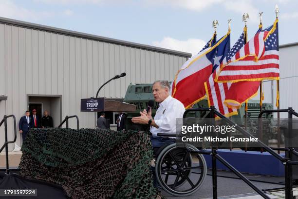 Texas Governor Greg Abbott announces his endorsement for former President Donald Trump's 2024 presidential campaign at the South Texas International...