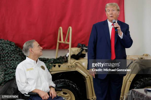 Former President Donald Trump gives remarks with Texas Governor Greg Abbott at the South Texas International airport on November 19, 2023 in...