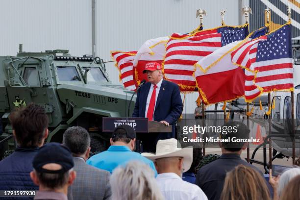 Former President Donald Trump gives remarks at the South Texas International airport on November 19, 2023 in Edinburg, Texas. Trump took the stage...