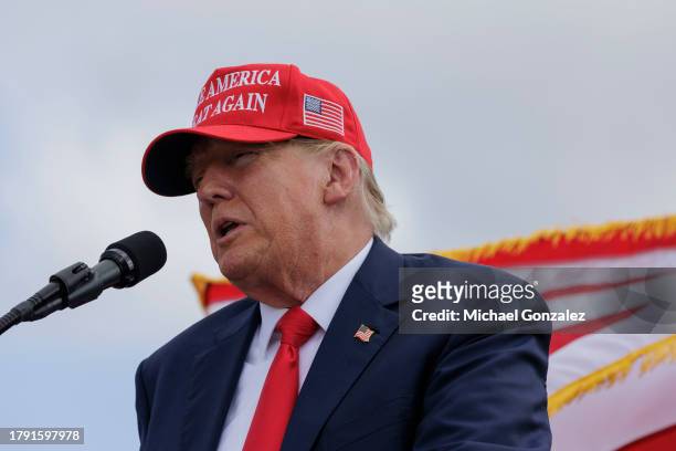 Former President Donald Trump gives remarks at the South Texas International airport on November 19, 2023 in Edinburg, Texas. Trump took the stage...