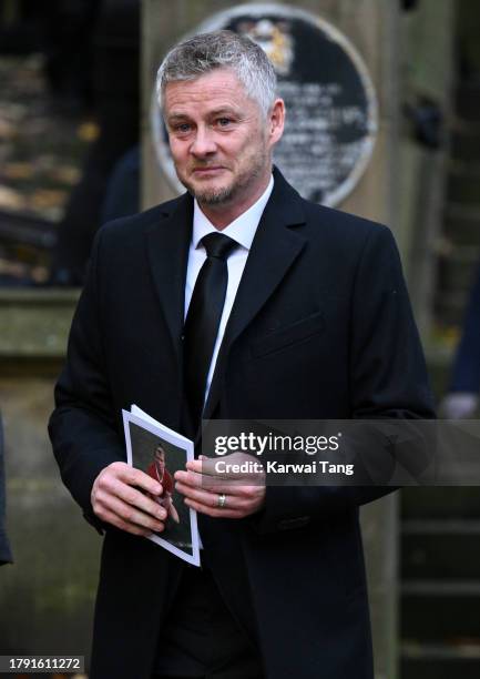 Ole Gunnar Solskjær attends the funeral of Sir Bobby Charlton at Manchester Cathedral on November 13, 2023 in Manchester, England. Sir Robert...