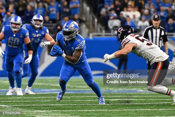 Detroit Lions running back David Montgomery runs after a catch during the Detroit Lions versus the Chicago Bears game on Sunday November 19, 2023 at...