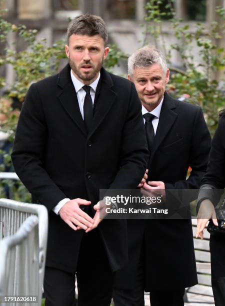 Michael Carrick and Ole Gunnar Solskjær attend the funeral of Sir Bobby Charlton at Manchester Cathedral on November 13, 2023 in Manchester, England....