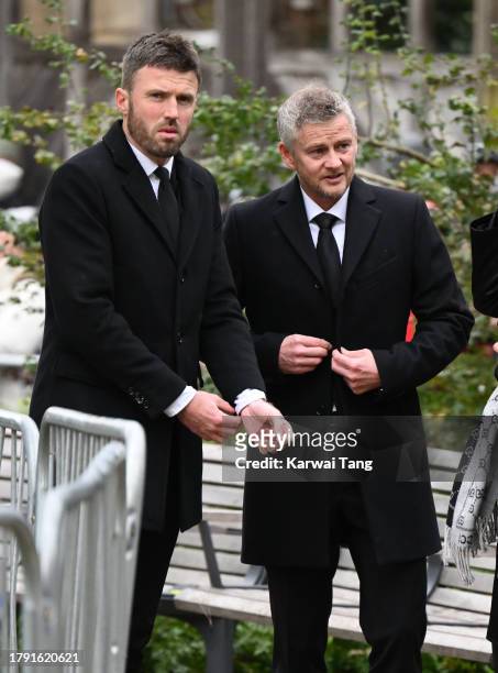 Michael Carrick and Ole Gunnar Solskjær attend the funeral of Sir Bobby Charlton at Manchester Cathedral on November 13, 2023 in Manchester, England....