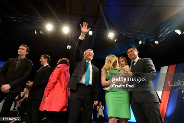 Prime Minister Kevin Rudd, wife Therese Rein, son Nicholas, son Marcus, daughter Jessica with Josephine smile after the Labor party campaign launch...