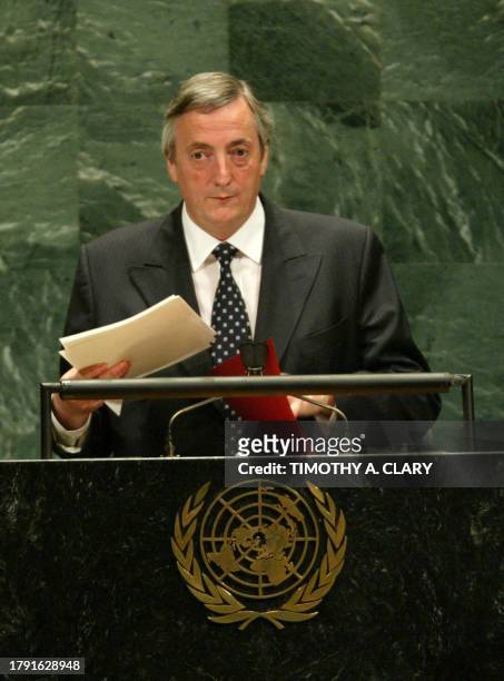 Néstor Carlos Kirchner, President of Argentina addresses UN General Assembly 58th Session at UN Headquarters in New York 25 September, 2003. AFP...