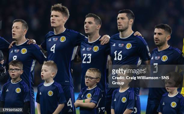 Scotland's Callum Mcgregor, Scott McTominay, Kenny McLean, Scott McKenna and Greg Taylor during a UEFA Euro 2024 Qualifier between Scotland and...