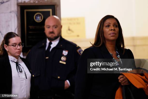 New York Attorney General Letitia James exits the courtroom for a lunch recess during the former President Donald Trump's civil fraud trial at New...