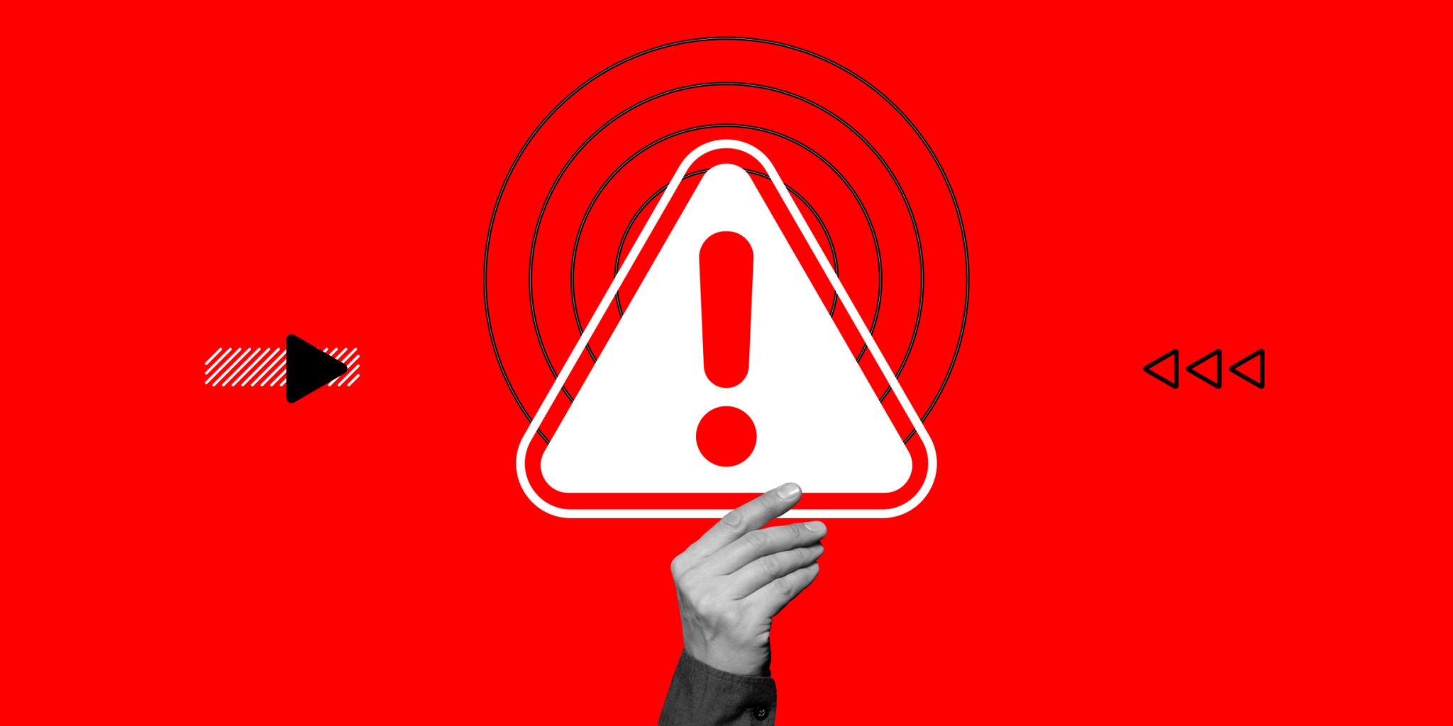 Attention concept. Hand holds danger warning sign with exclamation mark on red background. Minimalist art collage Attention concept. Hand holds danger warning sign with exclamation mark on red background. Minimalist art collage