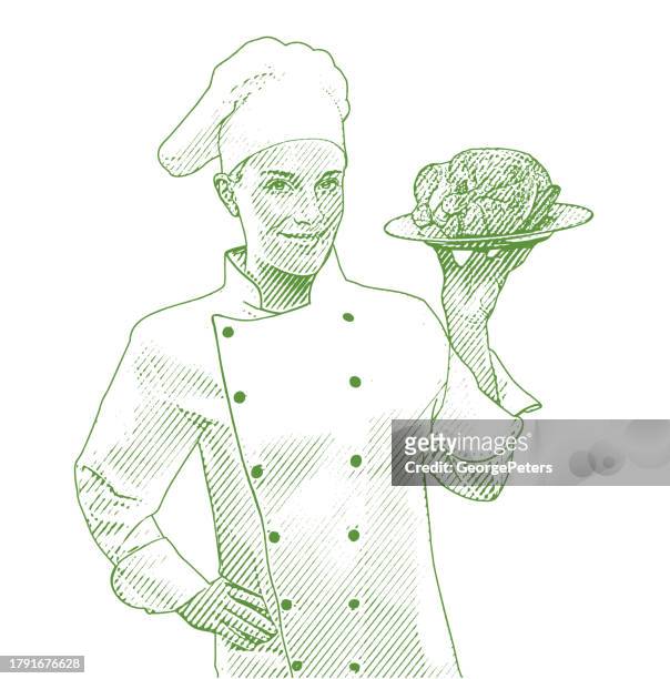 female chef holding roasted chicken on a plate - 30 year old pretty woman stock illustrations