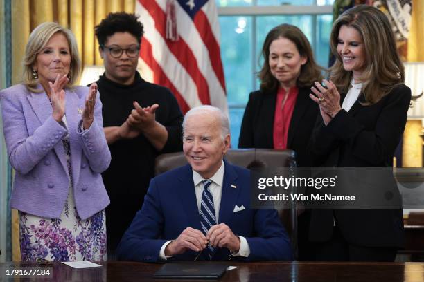 President Joe Biden finishes signing a presidential memorandum that will establish the first-ever White House Initiative on Women’s Health Research...