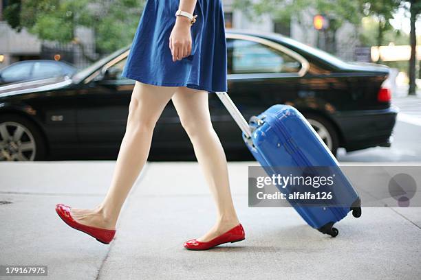 girl with suitcase - blue shoe foto e immagini stock