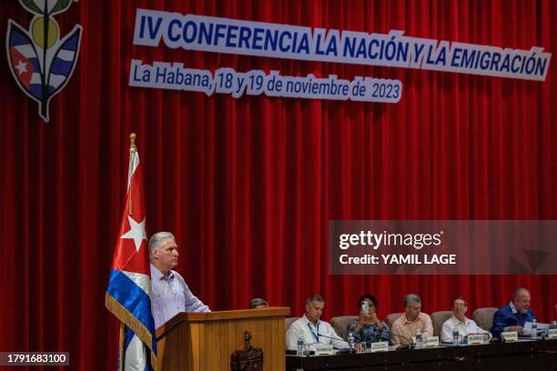 Cuban President Miguel Díaz Canel delivers a speech during the closing of the IV Conference "Nation and Emigration" at the Convention Palace in...