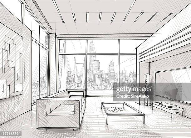 sketched design of a spacious lounge overlooking the city - industrial loft stock illustrations