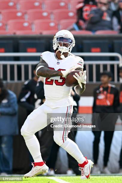Corey Clement of the Arizona Cardinals warms up prior to a game against the Cleveland Browns at Cleveland Browns Stadium on November 05, 2023 in...
